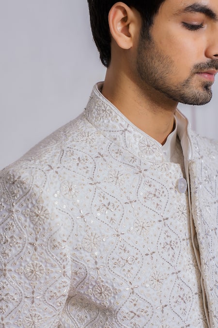 Shop_Ankit V Kapoor_White Cotton Silk, Pure Georgette Sequin Embroidered Sherwani Set _Online_at_Aza_Fashions