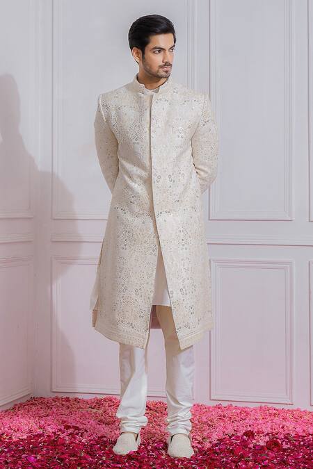 Buy Ankit V Kapoor White Pure Georgette, Satin Linen Sequin Embroidered Sherwani Set Online at Aza Fashions Buy_Ankit V Kapoor_White Pure Georgette, Satin Linen Sequin Embroidered Sherwani Set _Online_at_Aza_Fashions