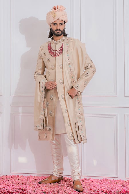 Ankit V Kapoor Beige Raw Silk Embroidered Floral Sherwani Set 