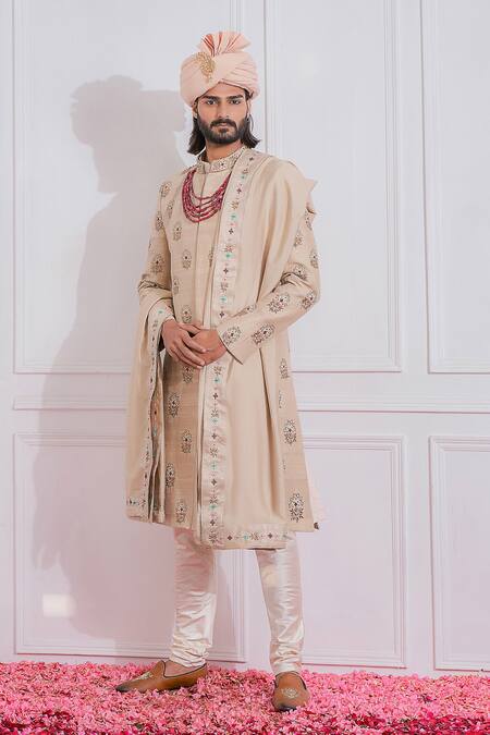 Buy Ankit V Kapoor Beige Raw , Cotton Floral Embroidered Sherwani Set Online at Aza Fashions Buy_Ankit V Kapoor_Beige Raw , Cotton Floral Embroidered Sherwani Set _Online_at_Aza_Fashions