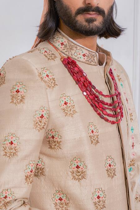 Shop Ankit V Kapoor Beige Raw , Cotton Floral Embroidered Sherwani Set Online at Aza Fashions Shop_Ankit V Kapoor_Beige Raw , Cotton Floral Embroidered Sherwani Set _Online_at_Aza_Fashions