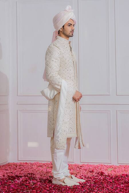 Buy Ankit V Kapoor White Cotton Silk, Pure Georgette Sequin Embroidered Sherwani Set Online at Aza Fashions Buy_Ankit V Kapoor_White Cotton Silk, Pure Georgette Sequin Embroidered Sherwani Set _Online_at_Aza_Fashions
