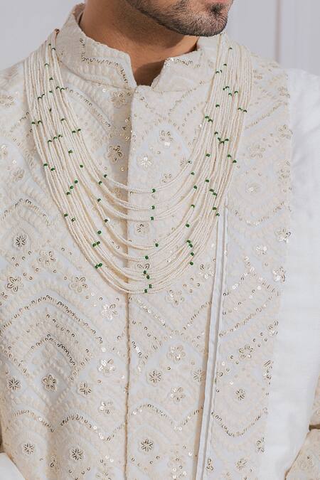 Shop Ankit V Kapoor White Cotton Silk, Pure Georgette Sequin Embroidered Sherwani Set Online at Aza Fashions Shop_Ankit V Kapoor_White Cotton Silk, Pure Georgette Sequin Embroidered Sherwani Set _Online_at_Aza_Fashions