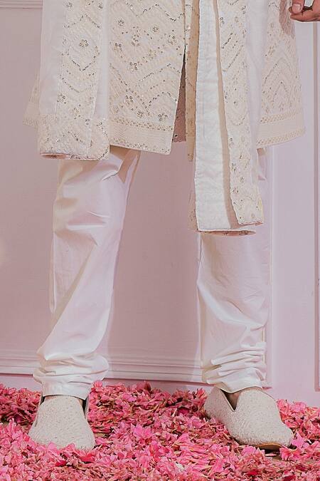 Ankit V Kapoor White Cotton Silk, Pure Georgette Sequin Embroidered Sherwani Set at Aza Fashions Ankit V Kapoor_White Cotton Silk, Pure Georgette Sequin Embroidered Sherwani Set _at_Aza_Fashions