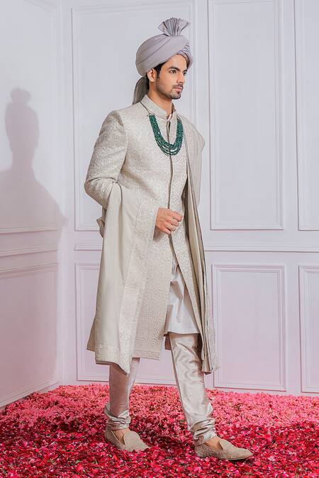 Ankit V Kapoor Grey Cotton Silk, Pure Georgette Sequin Embroidered Sherwani Set Online at Aza Fashions Ankit V Kapoor_Grey Cotton Silk, Pure Georgette Sequin Embroidered Sherwani Set _Online_at_Aza_Fashions