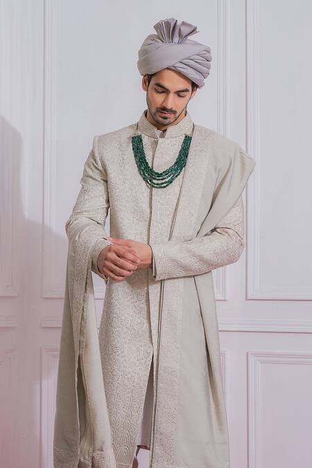 Shop Ankit V Kapoor Grey Cotton Silk, Pure Georgette Sequin Embroidered Sherwani Set Online at Aza Fashions Shop_Ankit V Kapoor_Grey Cotton Silk, Pure Georgette Sequin Embroidered Sherwani Set _Online_at_Aza_Fashions