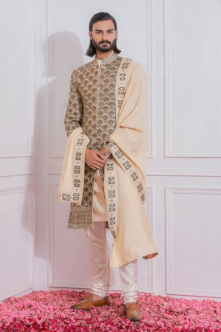 Buy_Ankit V Kapoor_Gold Cotton Silk Cutdana, Sequin Scallop Embroidered Sherwani Set_Online_at_Aza_Fashions