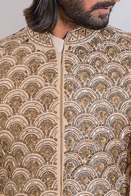 Shop_Ankit V Kapoor_Gold Cotton Silk Cutdana, Sequin Scallop Embroidered Sherwani Set_Online_at_Aza_Fashions