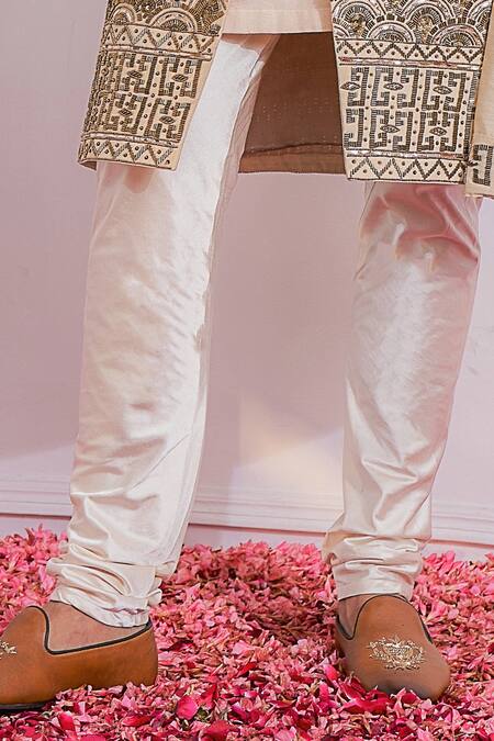 Ankit V Kapoor_Gold Cotton Silk Cutdana, Sequin Scallop Embroidered Sherwani Set_at_Aza_Fashions