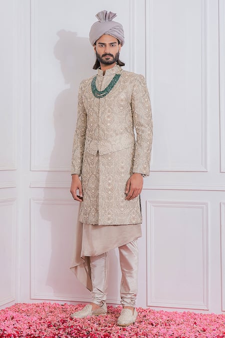 Ankit V Kapoor Grey Jacquard Embroidered Floral Sherwani Set 