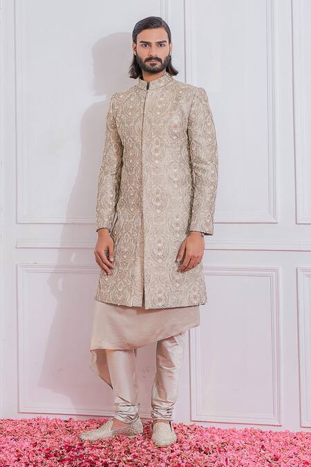Buy Ankit V Kapoor Grey Jacquard, Imported Crepe Floral Embroidered Sherwani Set Online at Aza Fashions Buy_Ankit V Kapoor_Grey Jacquard, Imported Crepe Floral Embroidered Sherwani Set _Online_at_Aza_Fashions
