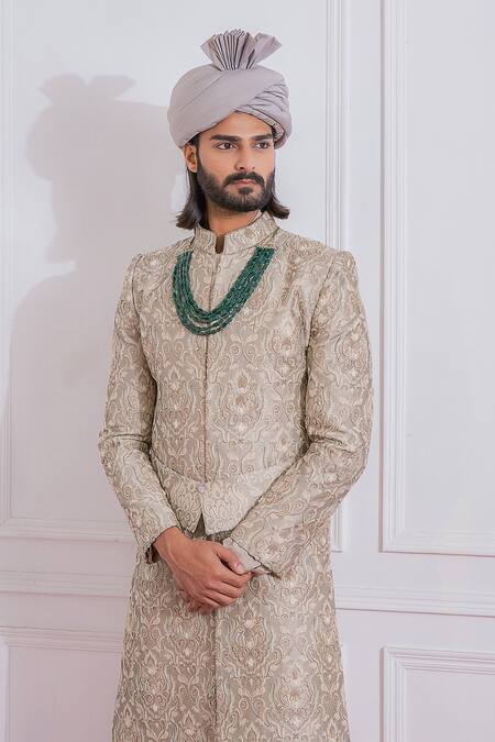 Shop Ankit V Kapoor Grey Jacquard, Imported Crepe Floral Embroidered Sherwani Set Online at Aza Fashions Shop_Ankit V Kapoor_Grey Jacquard, Imported Crepe Floral Embroidered Sherwani Set _Online_at_Aza_Fashions
