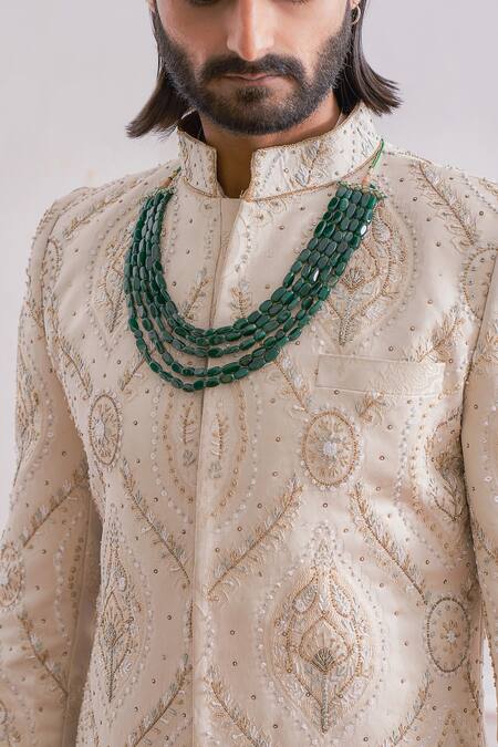 Shop Ankit V Kapoor Beige Jacquard, Imported Crepe Floral Embroidered Sherwani Set Online at Aza Fashions Shop_Ankit V Kapoor_Beige Jacquard, Imported Crepe Floral Embroidered Sherwani Set _Online_at_Aza_Fashions