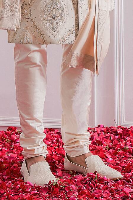 Ankit V Kapoor Beige Jacquard, Imported Crepe Floral Embroidered Sherwani Set at Aza Fashions Ankit V Kapoor_Beige Jacquard, Imported Crepe Floral Embroidered Sherwani Set _at_Aza_Fashions