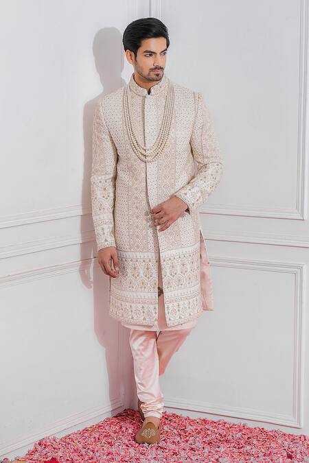 Buy_Ankit V Kapoor_White Cotton Silk, Pure Georgette Sequin Embroidered Sherwani Set _Online_at_Aza_Fashions