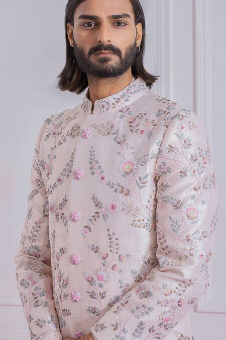 Shop Ankit V Kapoor Pink Raw , Cotton Floral Embroidered Sherwani Set Online at Aza Fashions Shop_Ankit V Kapoor_Pink Raw , Cotton Floral Embroidered Sherwani Set _Online_at_Aza_Fashions