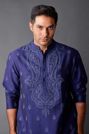 Buy_Anurav_Blue Cotton Silk Embroidered Kurta _Online_at_Aza_Fashions