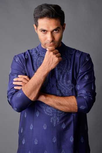 Shop_Anurav_Blue Cotton Silk Embroidered Kurta _Online_at_Aza_Fashions