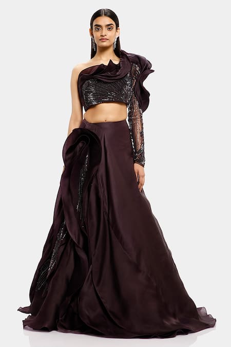 Gaurav Gupta Purple Silk Organza Ruffle Lehenga Set