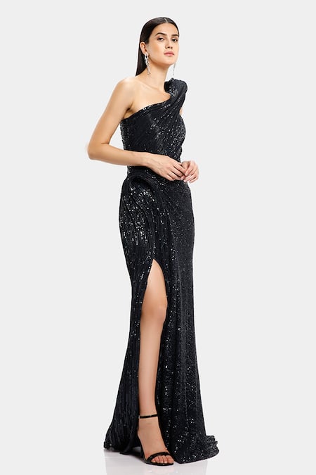 one shoulder sequin gown