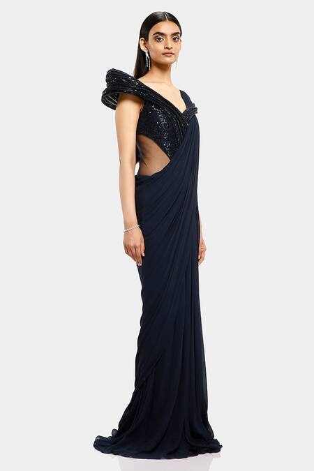 Gaurav Gupta_Blue Tulle Pre-draped Embroidered Saree Gown_Online_at_Aza_Fashions