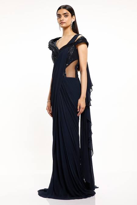 Buy_Gaurav Gupta_Blue Tulle Pre-draped Embroidered Saree Gown_Online_at_Aza_Fashions