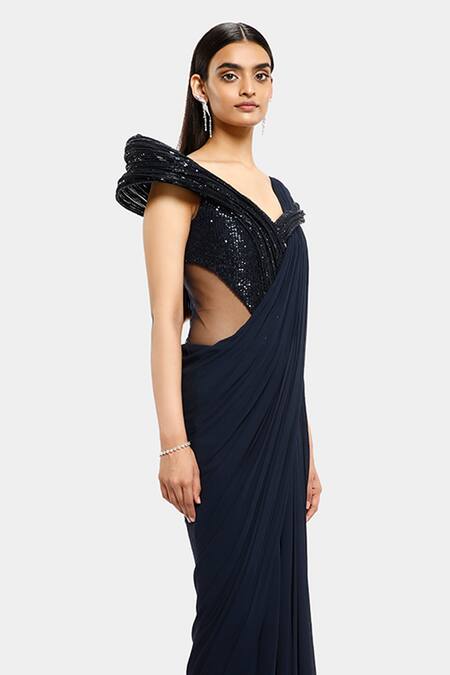 Shop_Gaurav Gupta_Blue Tulle Pre-draped Embroidered Saree Gown_Online_at_Aza_Fashions