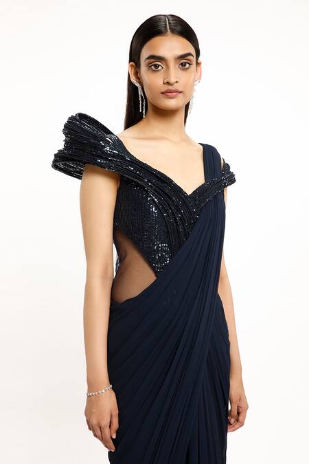 Gaurav Gupta_Blue Tulle Pre-draped Embroidered Saree Gown_at_Aza_Fashions