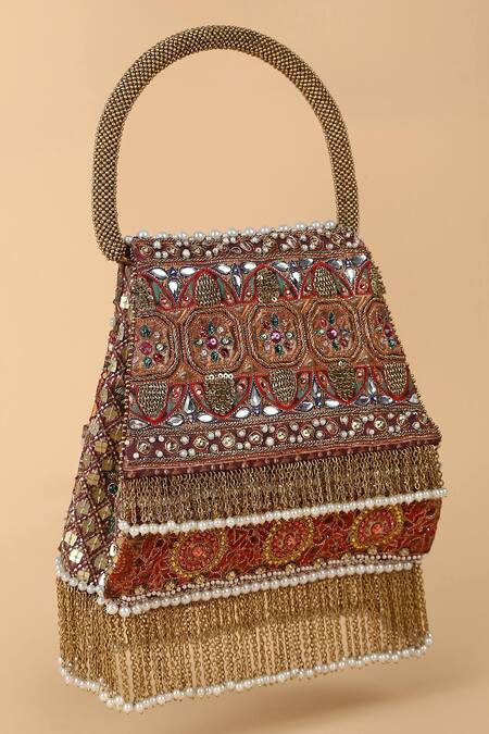 Tarun Tahiliani_Embroidered Silk Chain Fringe Handle Bag_Online_at_Aza_Fashions