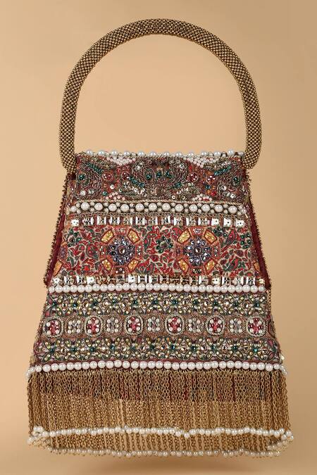 Shop_Tarun Tahiliani_Embroidered Silk Chain Fringe Handle Bag_Online_at_Aza_Fashions