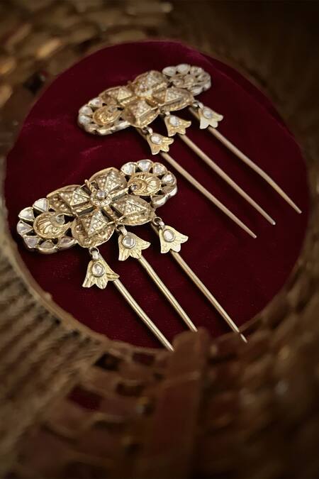 Shop_Tarun Tahiliani_Gold Zircon Carved Stone Hair Pin Set Of 2_at_Aza_Fashions