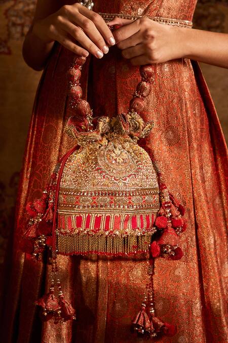 Shop Tarun Tahiliani Red Embroidery, Crystals, Tassels Brocade Chain Potli at Aza Fashions Shop_Tarun Tahiliani_Red Embroidery, Crystals, Tassels Brocade Chain Potli_at_Aza_Fashions