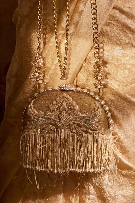 Shop Tarun Tahiliani Gold Pearls, Crystals, Tassels Bead Clutch With Sling at Aza Fashions Shop_Tarun Tahiliani_Gold Pearls, Crystals, Tassels Bead Clutch With Sling_at_Aza_Fashions