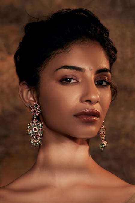 Tarun Tahiliani Multi Color Stone And Pearl Embellished Dangler Earrings