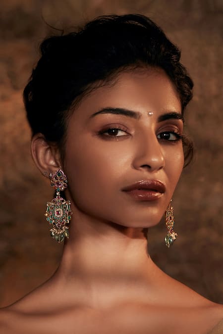 Tarun Tahiliani Multi Color Stone And Pearl Embellished Dangler Earrings 