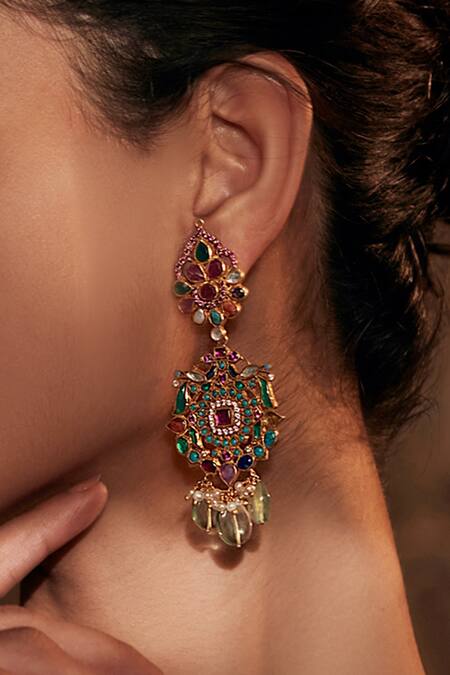 Tarun Tahiliani_Multi Color Stones, Pearls Embellished Dangler Earrings_Online_at_Aza_Fashions
