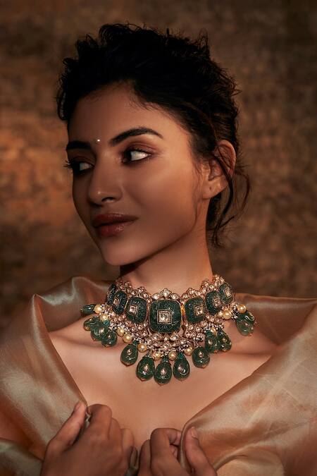 Shop Tarun Tahiliani Gold Plated Glass Stones Handcrafted Embellished Choker at Aza Fashions Shop_Tarun Tahiliani_Gold Plated Glass Stones Handcrafted Embellished Choker_at_Aza_Fashions