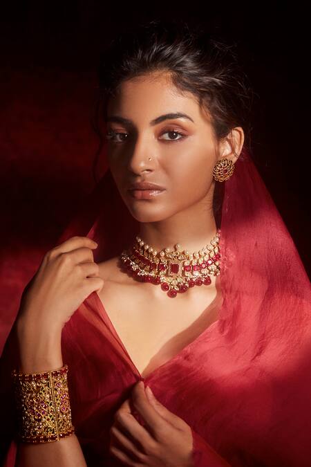Shop_Tarun Tahiliani_Gold Plated And Maroon Glass Stone Choker_at_Aza_Fashions
