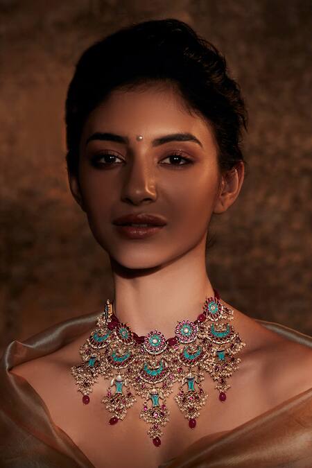 Shop Tarun Tahiliani Gold Plated Glass Stones Handcrafted Embellished Choker at Aza Fashions Shop_Tarun Tahiliani_Gold Plated Glass Stones Handcrafted Embellished Choker_at_Aza_Fashions
