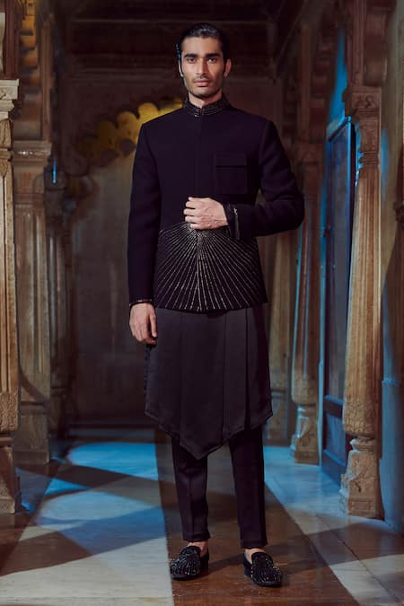 Jigar & Nikita Black Bandhgala Textured Fabric Linear Pattern Set