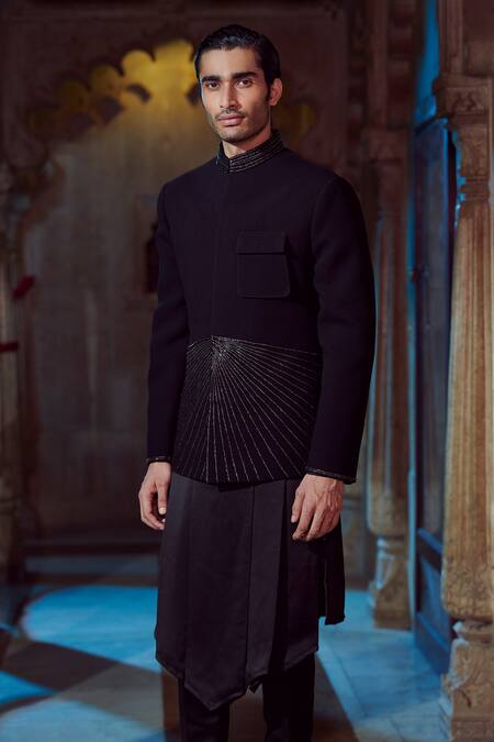 Shop Jigar & Nikita Black Bandhgala Textured Fabric Linear Pattern Set at Aza Fashions Shop_Jigar & Nikita_Black Bandhgala Textured Fabric Linear Pattern Set_at_Aza_Fashions