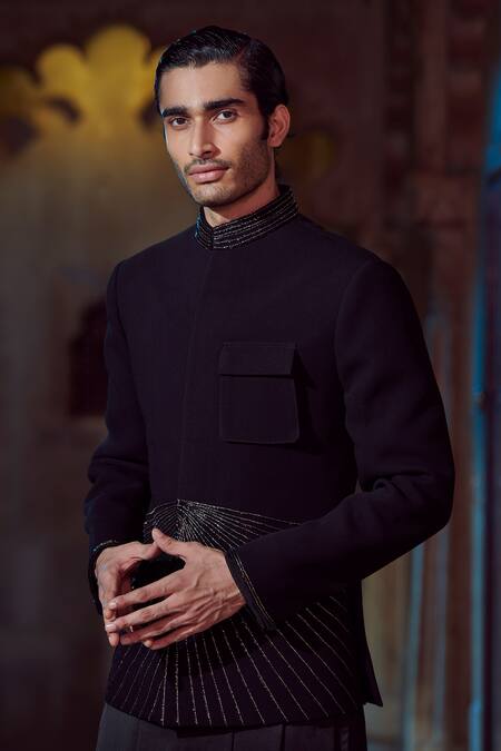 Jigar & Nikita Black Bandhgala Textured Fabric Linear Pattern Set Online at Aza Fashions Jigar & Nikita_Black Bandhgala Textured Fabric Linear Pattern Set_Online_at_Aza_Fashions