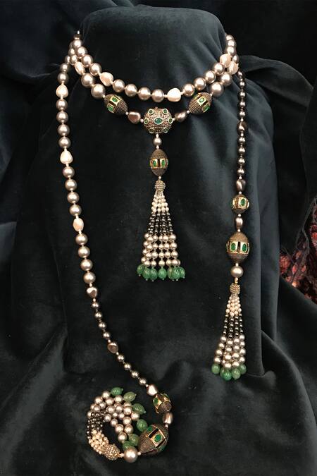 Tarun Tahiliani Gold Plated Swarovski Pearl Bead Tassel Long Necklace