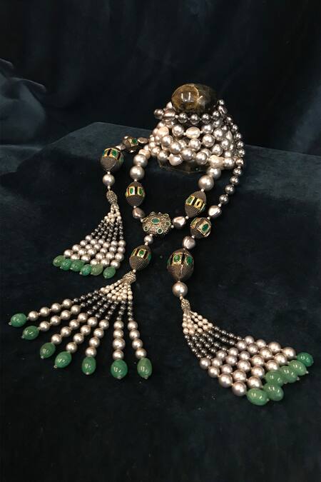 Shop Tarun Tahiliani Gold Plated Swarovski Pearl Bead Tassel Long Necklace at Aza Fashions Shop_Tarun Tahiliani_Gold Plated Swarovski Pearl Bead Tassel Long Necklace_at_Aza_Fashions