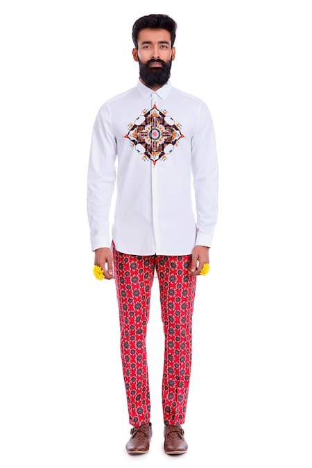MR. Ajay Kumar White Cotton Placement Digital Print Shirt 