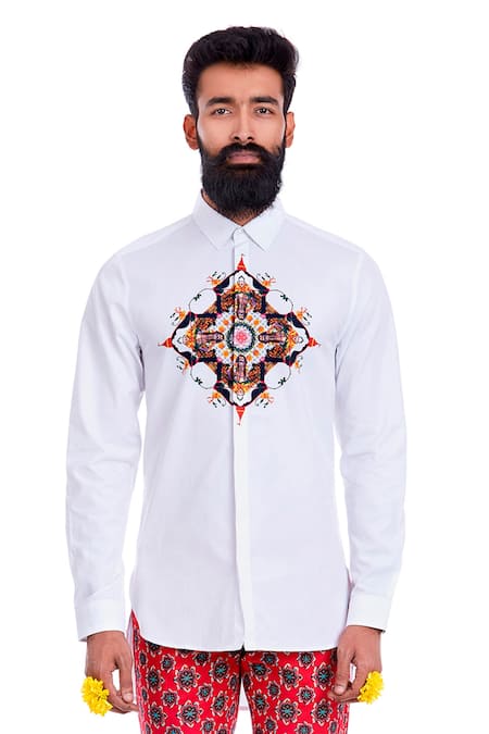 MR. Ajay Kumar White Cotton Placement Digital Print Shirt Online at Aza Fashions MR. Ajay Kumar_White Cotton Placement Digital Print Shirt _Online_at_Aza_Fashions