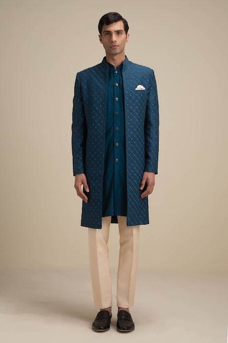 Philocaly Blue Raw Silk Embroidered Jacket And Pant Set 