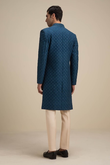 Shop_Philocaly_Blue Raw Silk Embroidered Jacket And Pant Set _at_Aza_Fashions