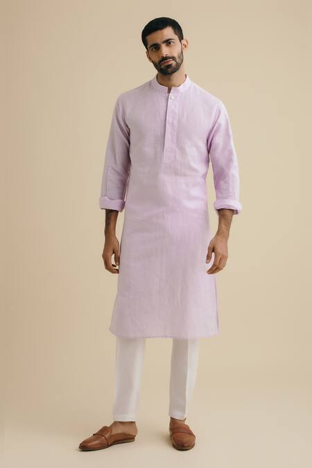Philocaly_Purple 100% Linen Mandarin Collar Kurta_Online_at_Aza_Fashions