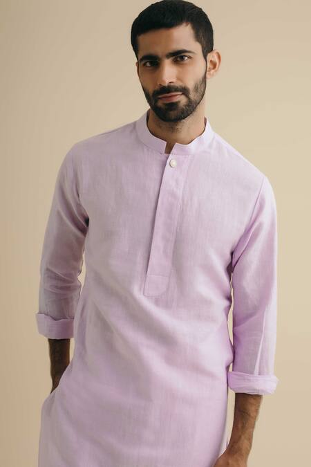 Shop_Philocaly_Purple 100% Linen Mandarin Collar Kurta_Online_at_Aza_Fashions